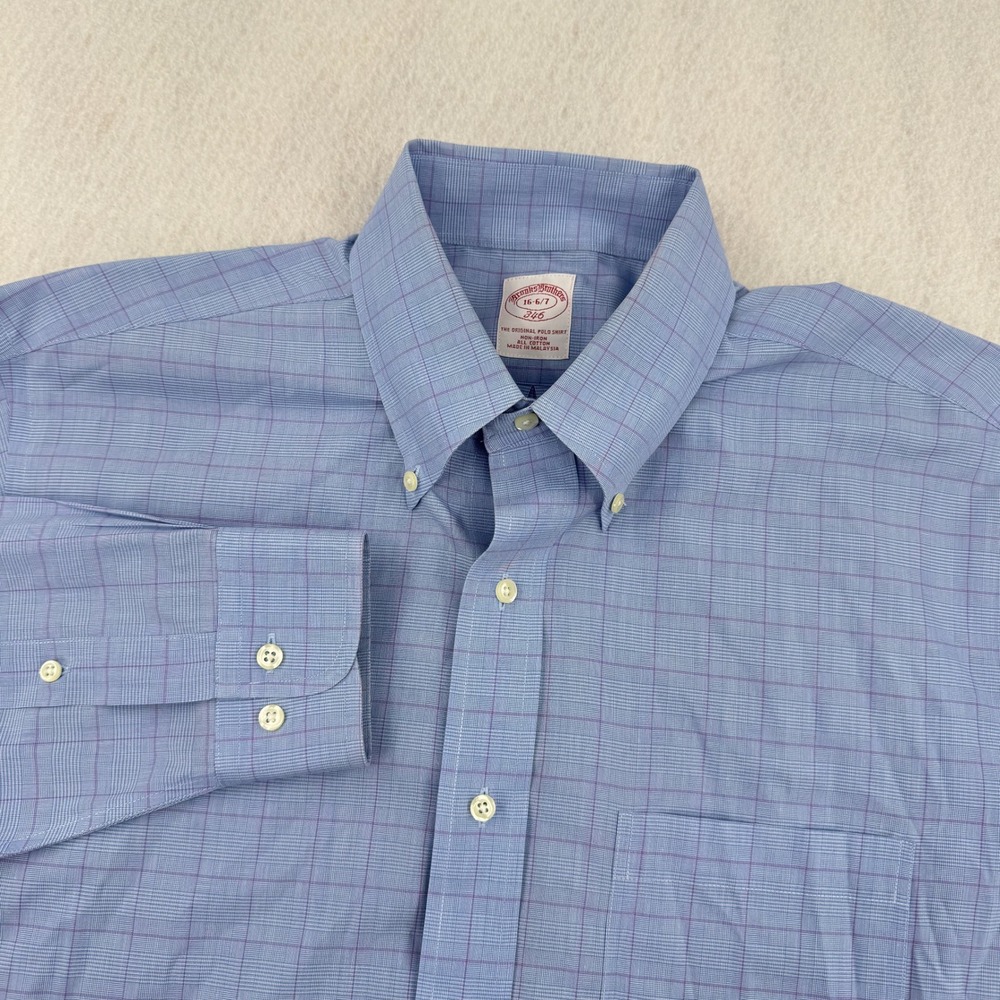 Brooks Brothers 346 Non-Iron Long Sleeve Dress Shirt 16.5-36/37 Blue Plaid Check